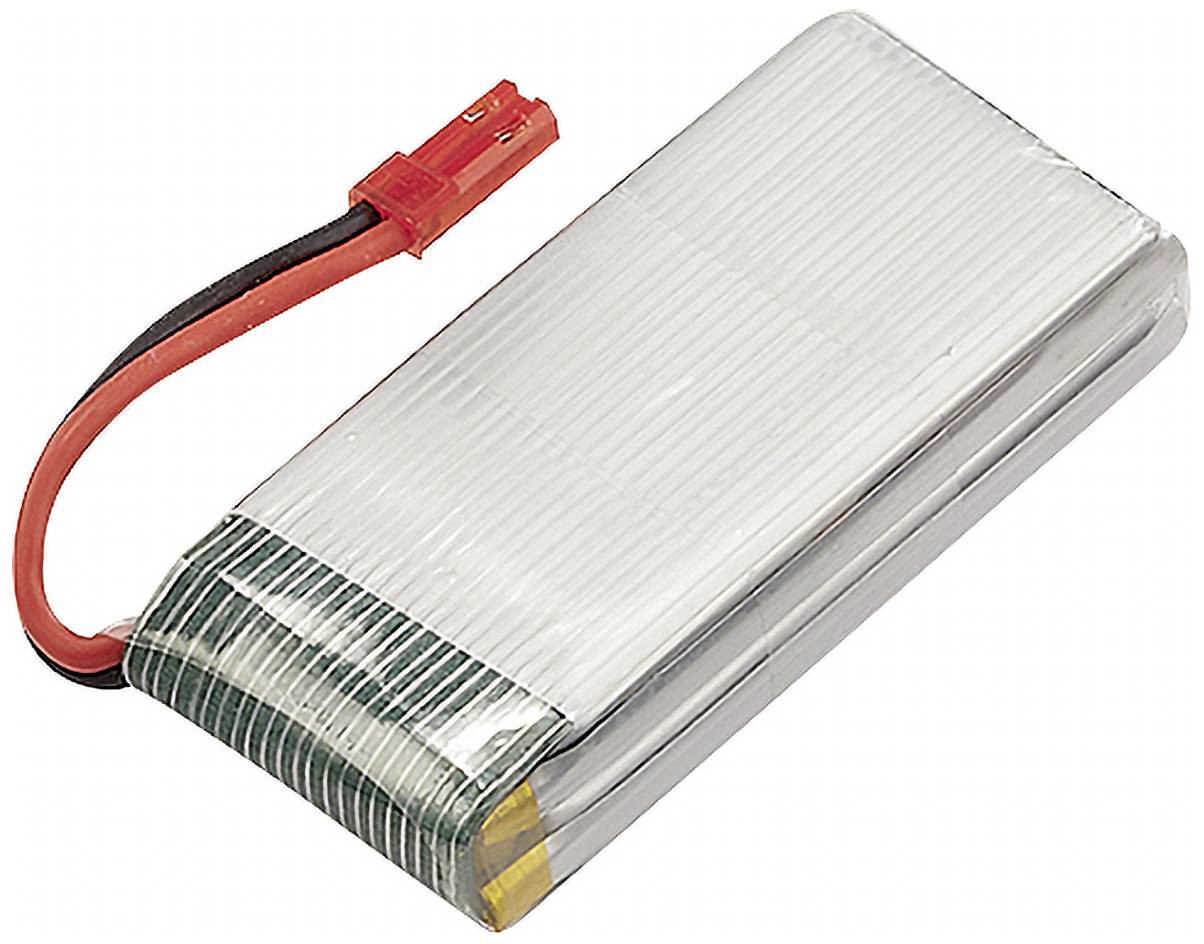 Silverfärgat litium-polymer-batteri med två trådar, röd och svart, och en röd kontakt.