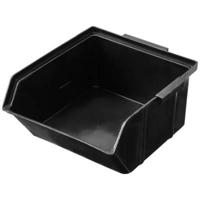 En svart, rektangulär plastbehållare med avfasade sidor och en öppen framsida. Lämplig för förvaring av mindre föremål.