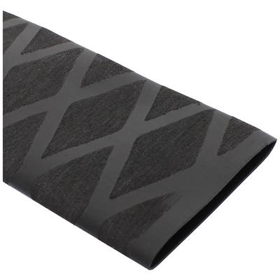 Ett svart, rombformat gummiband ligger plant. Det uppvisar ett diagonalt rombmönster längs dess längd.