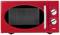 Röd mikrovågsugn med rektangulärt fönster och två vred för tid och effektinställning.