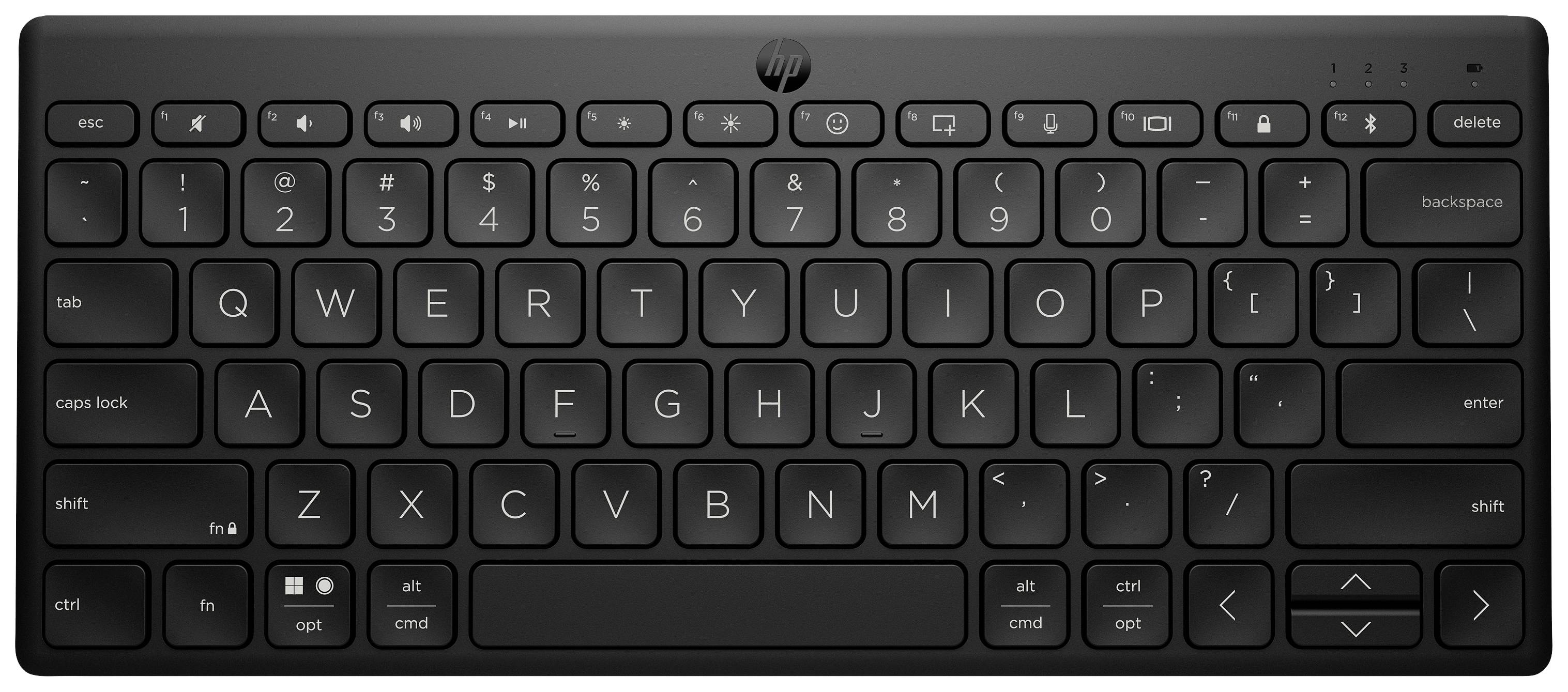 Ett svart QWERTY-tangentbord med 65 tangenter, inklusive funktionstangenter och piltangenter.