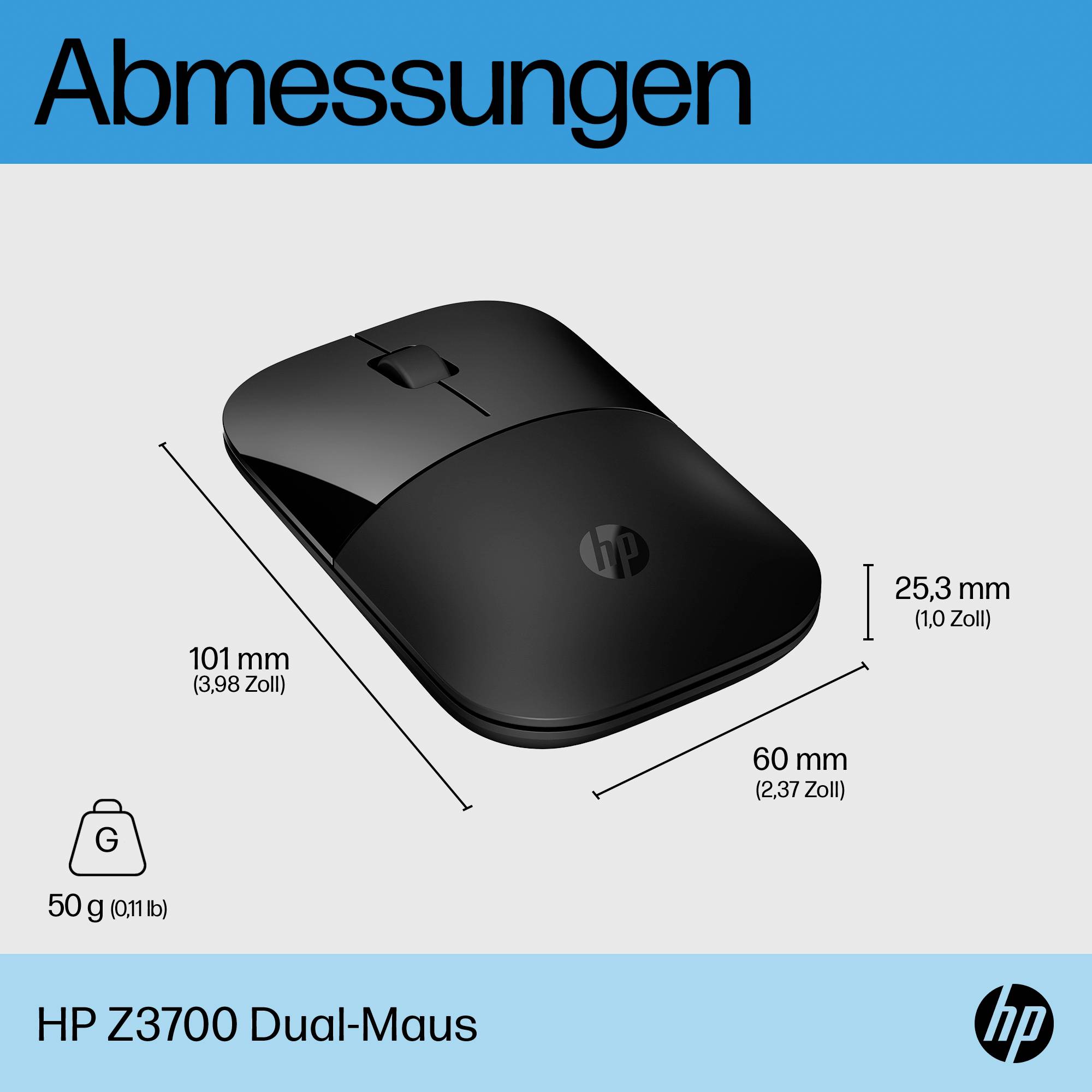 Dimensioner för en HP Z3700 Dual-mus: Längd 60 mm, bredd 25,3 mm, vikt 50 g.