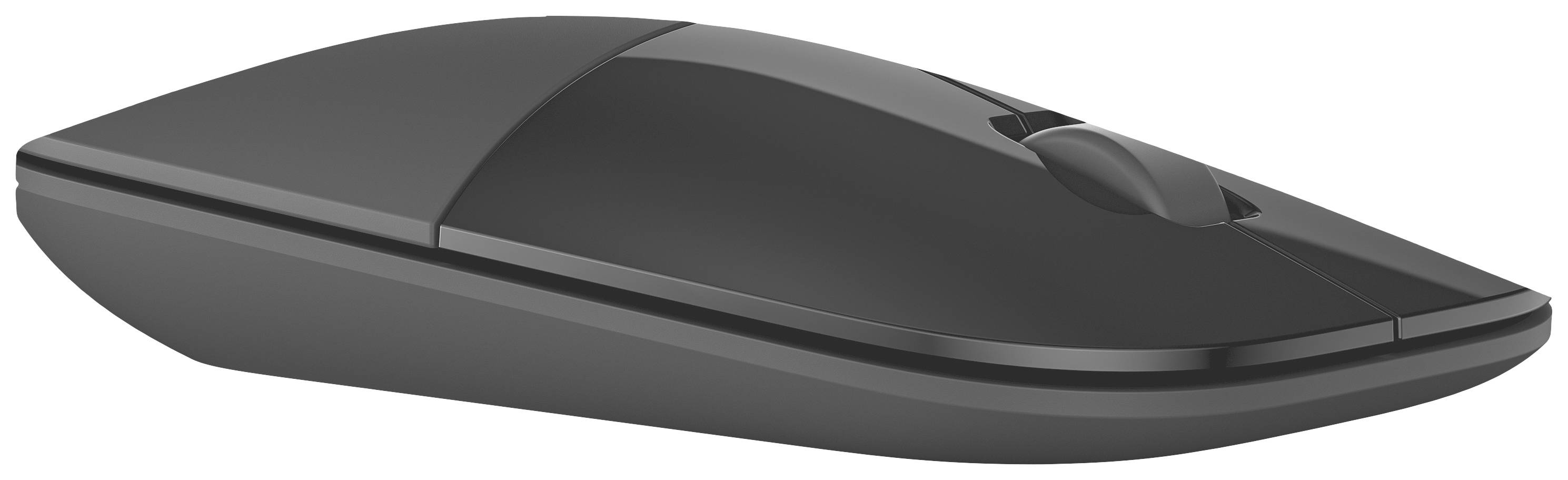 Svart trådlös datormus med ergonomisk design, sedd från sidan.