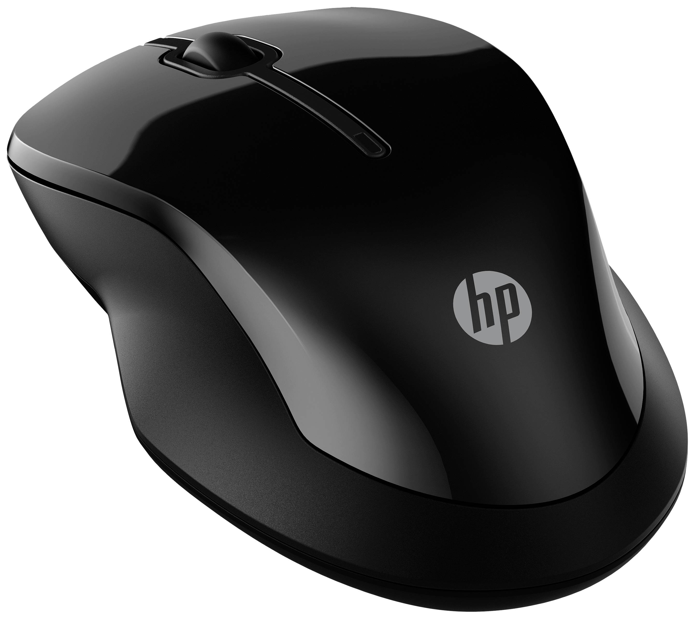 Svart trådlös mus med HP-logotyp, ergonomisk design, två huvudknappar och scrollhjul. Perfekt för kontors- och hemmabruk.