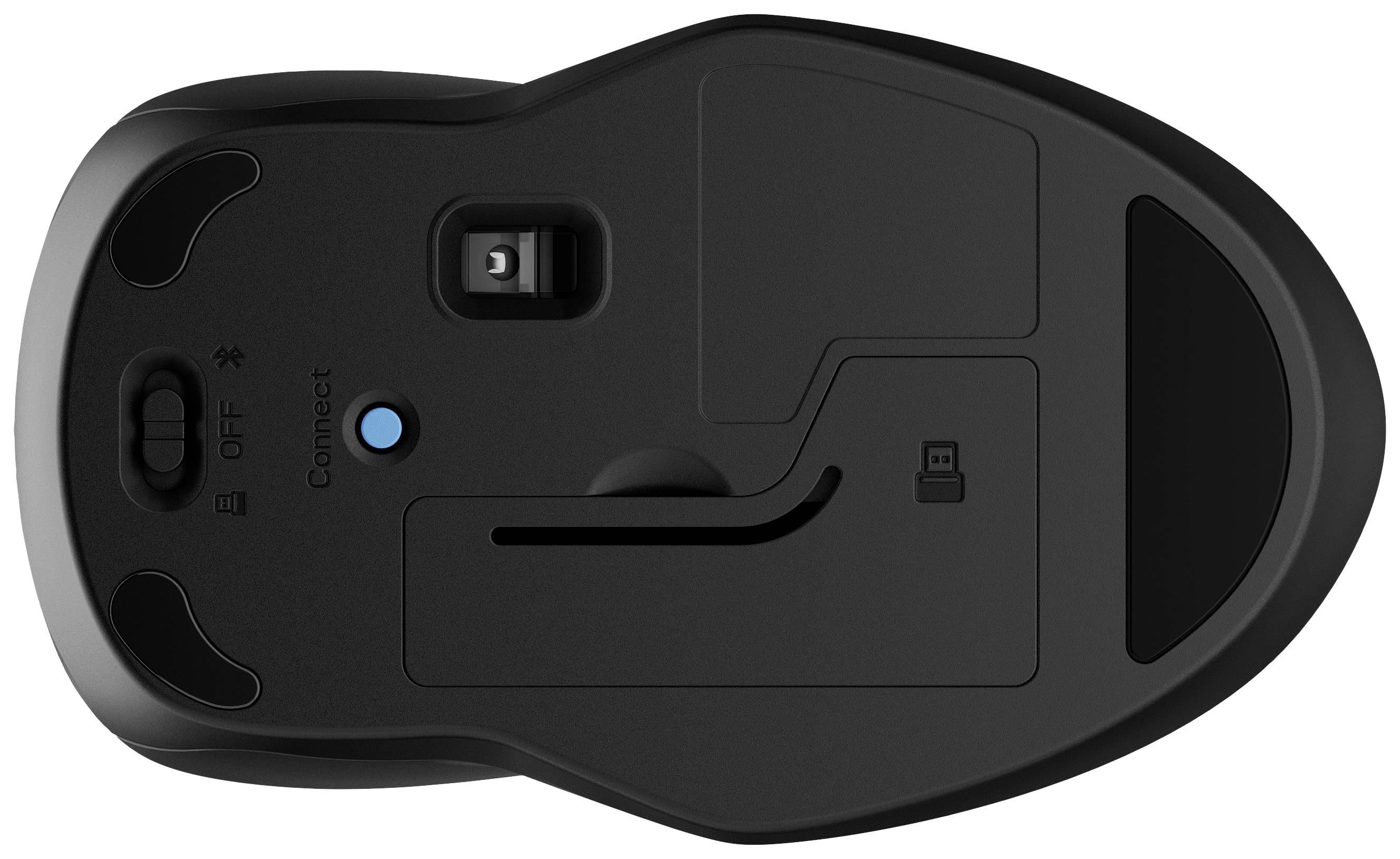 Undersidan av en datormus med på/av-knapp, anslutningsknapp och batterifack.