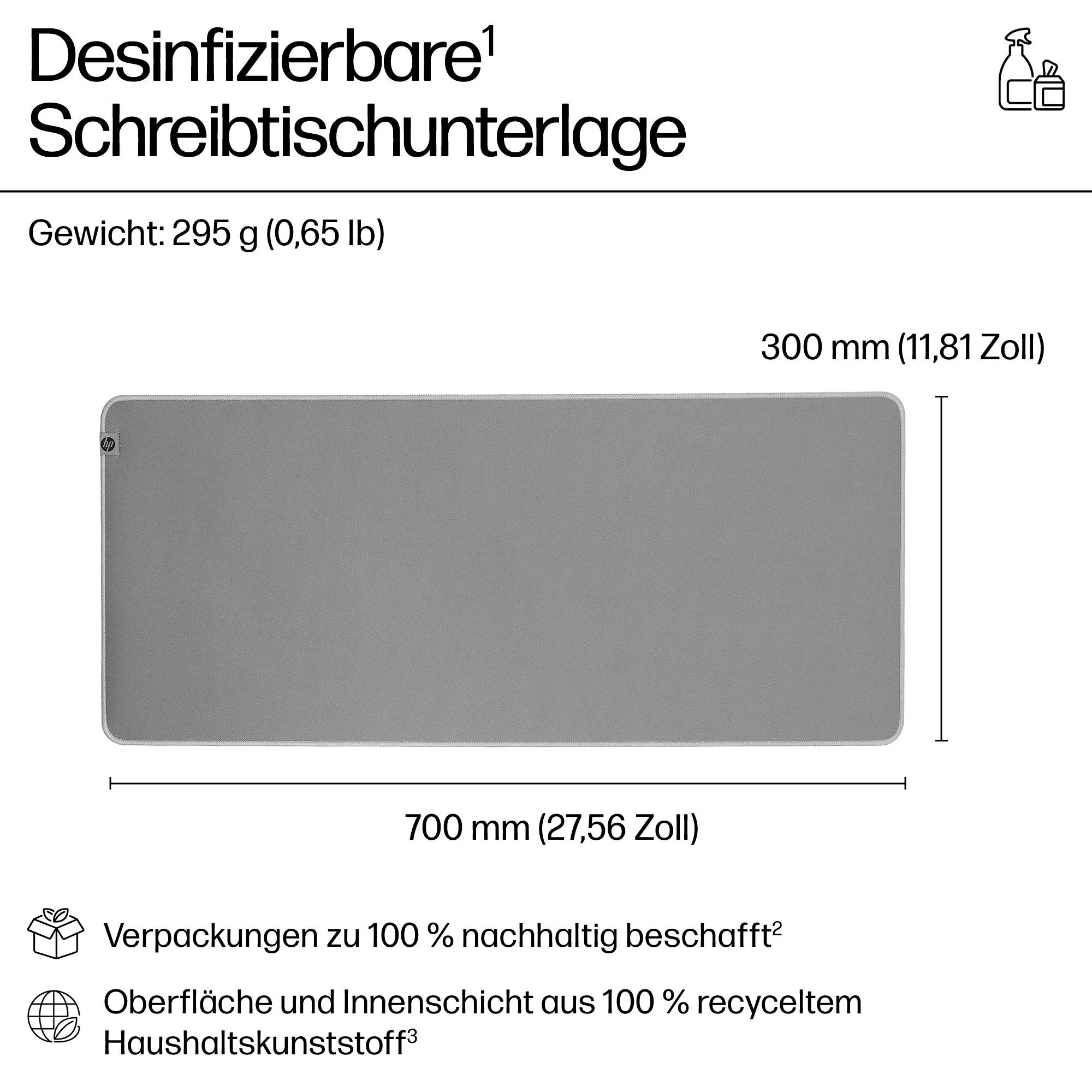 Desinficerbar skrivbordsunderlägg, vikt: 295 g. Storlek: 300 x 700 mm. Förpackning hållbar, ytor av återvunnen plast.