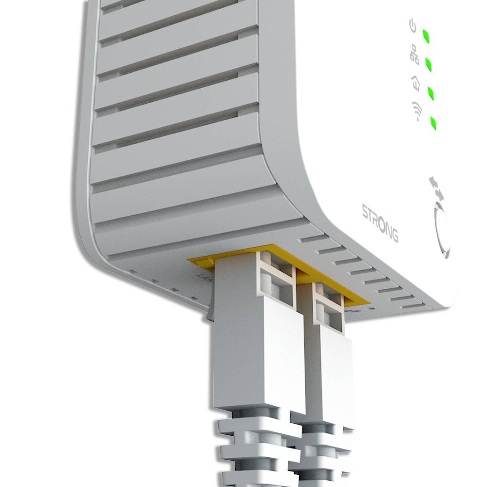 En WLAN-repeater med två Ethernet-kablar som utökar ett nätverks WLAN-räckvidd. Fyra gröna LED-indikatorer är aktiva.