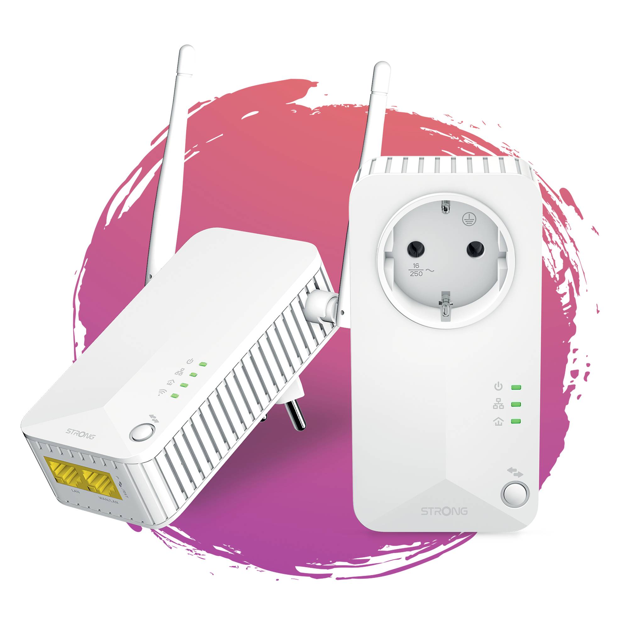Två vita WiFi-repeatrar med antenner och eluttag på rosa bakgrund. Till vänster en enhet med gul Ethernet-port, till höger en enhet med eluttag.