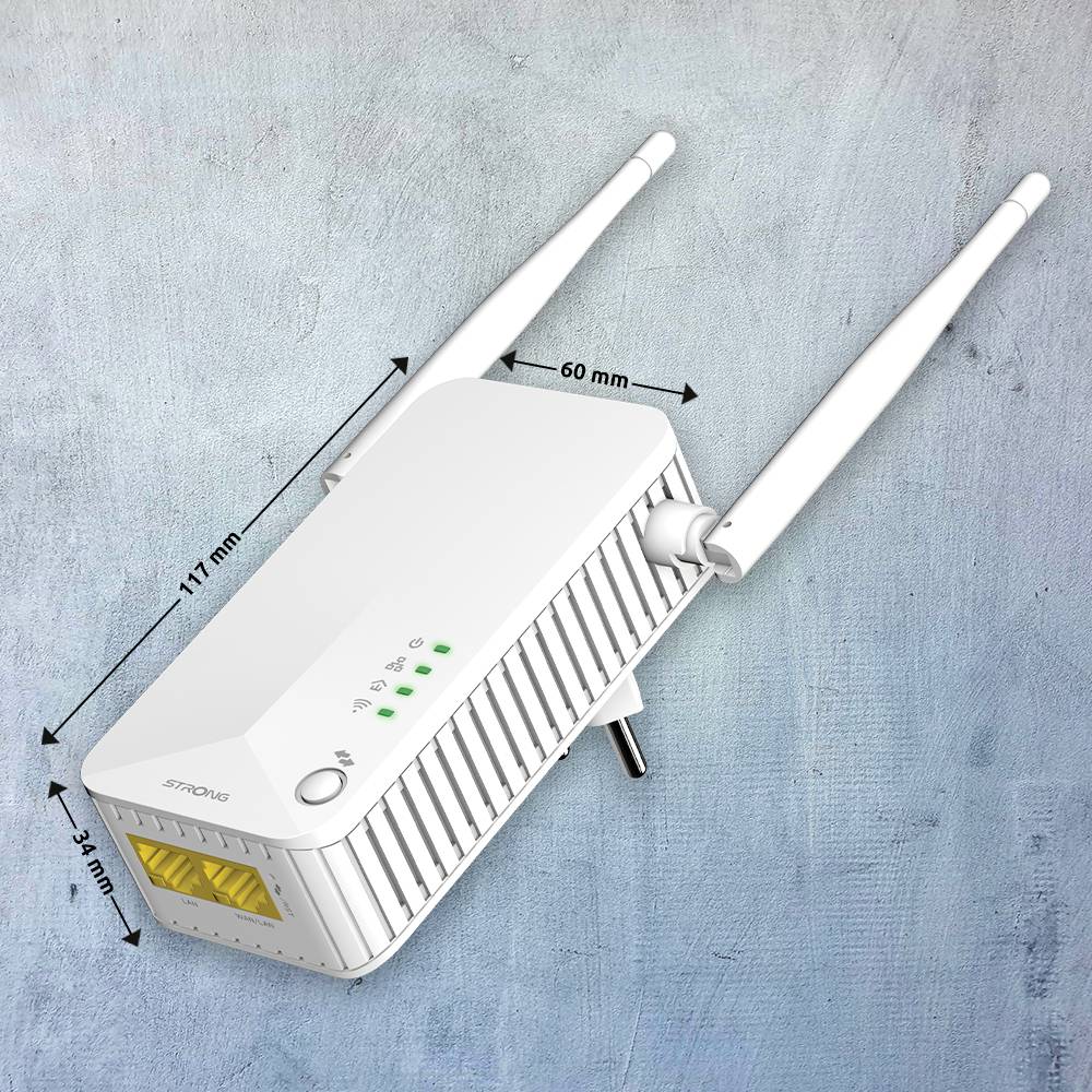 WLAN-repeater med två antenner, visar mått: 117 mm längd, 31 mm höjd. LED-lampor för strömstatus och signalstyrka synliga till höger.