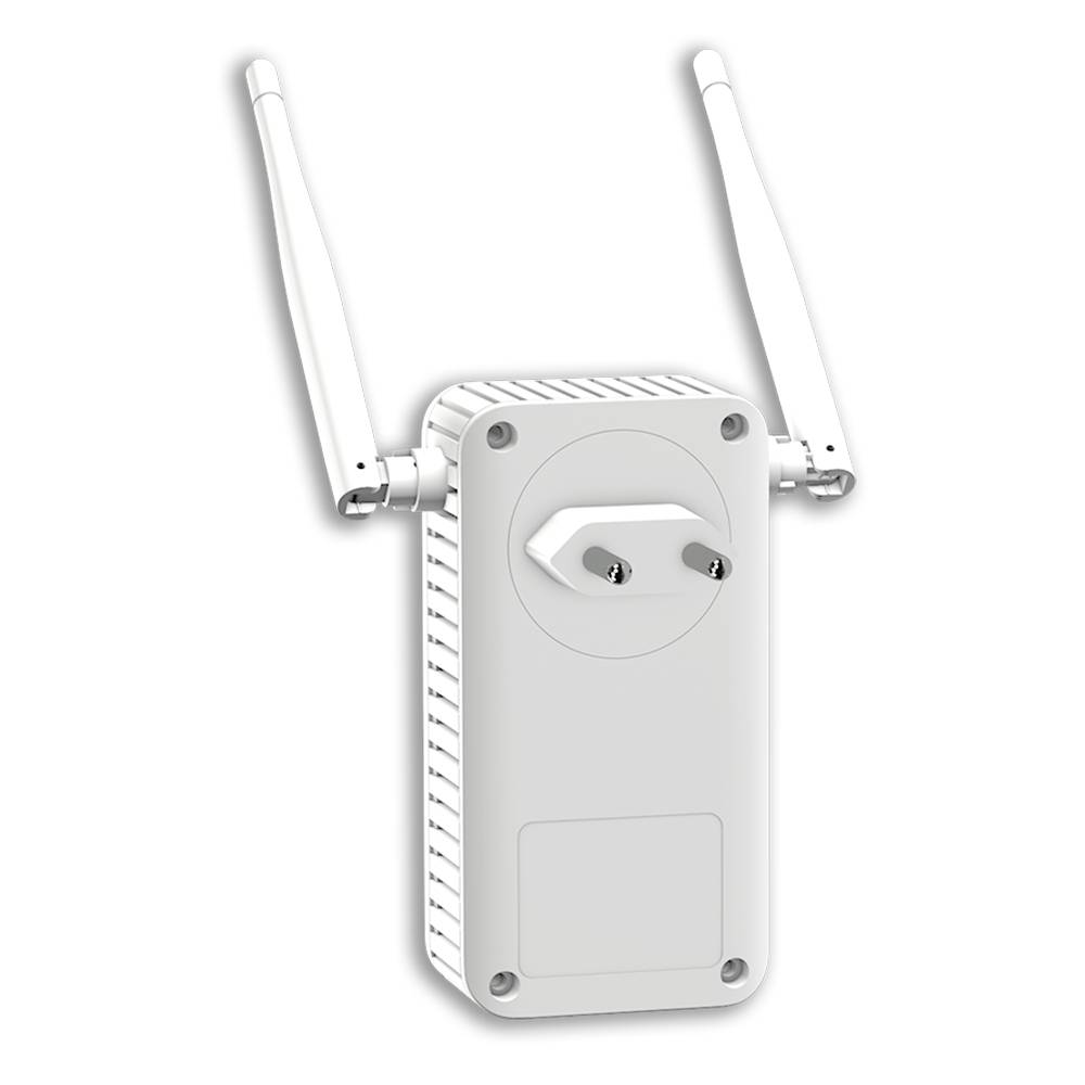 En vit WiFi-repeater med två antenner och en europeisk kontakt för väggmontering, sedd ovanifrån.