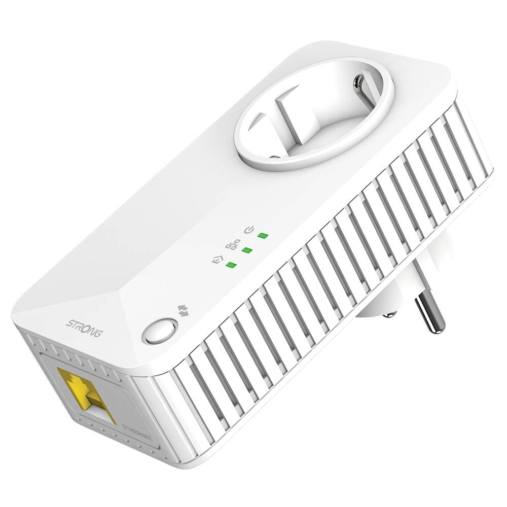 Vit WLAN-repeater för att utöka internetområdet, med eluttag, LAN-anslutning och LED-indikatorer på ovansidan.