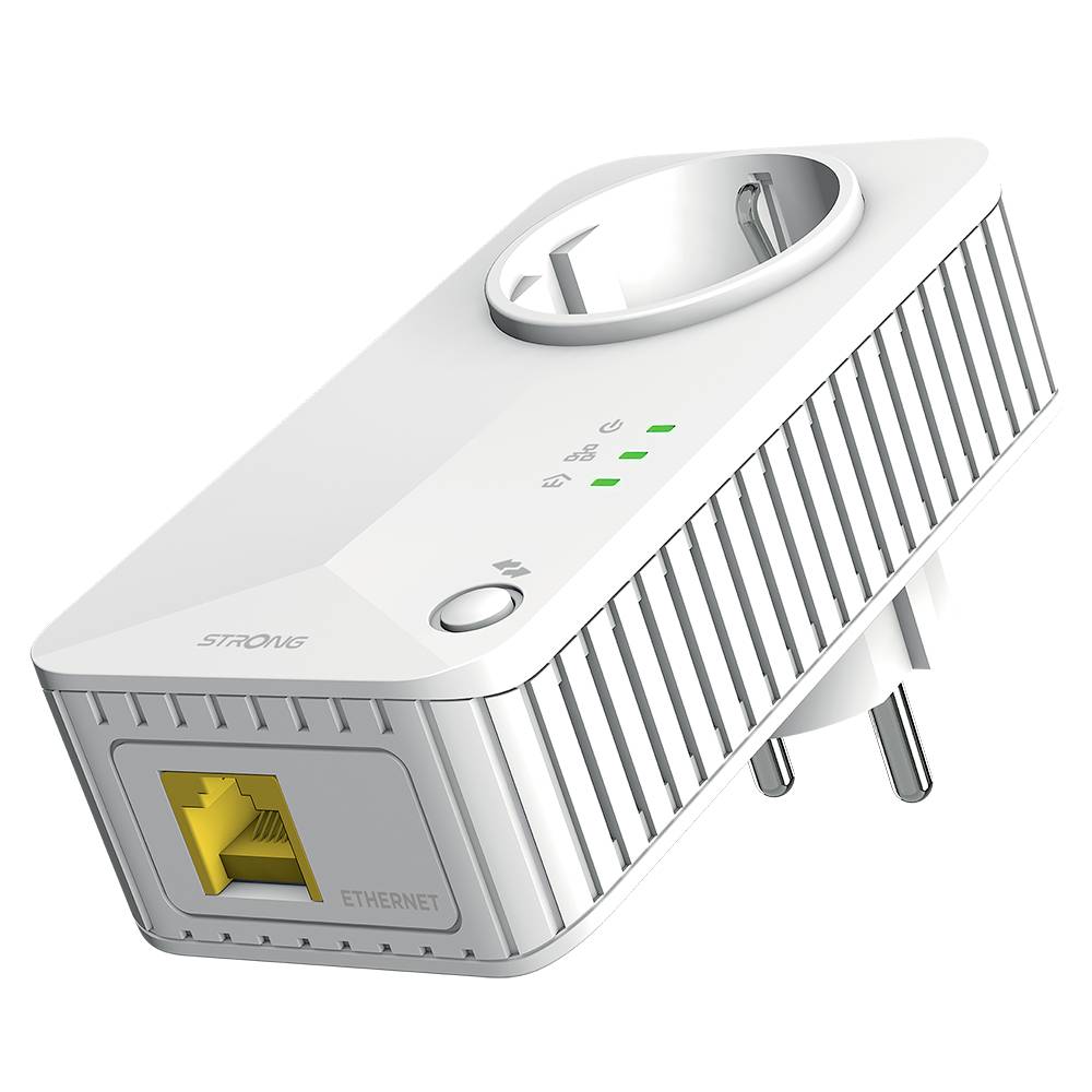 Powerline-adapter med vägguttag, Ethernet-anslutning och LED-indikatorer för nätverksaktivitet. Enheten pluggas direkt in i vägguttaget.