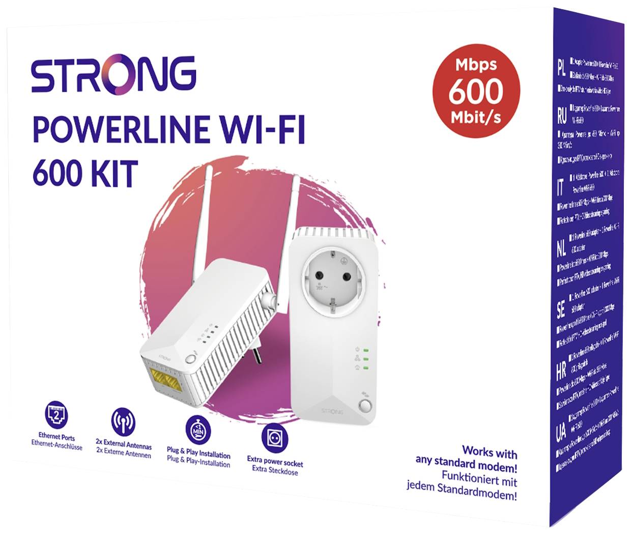 Strong Powerline-WiFi-600-Kit förpackning med Ethernet-portar, externa antenner, Plug & Play-installation och extra eluttag. Upp till 600 Mbit/s.