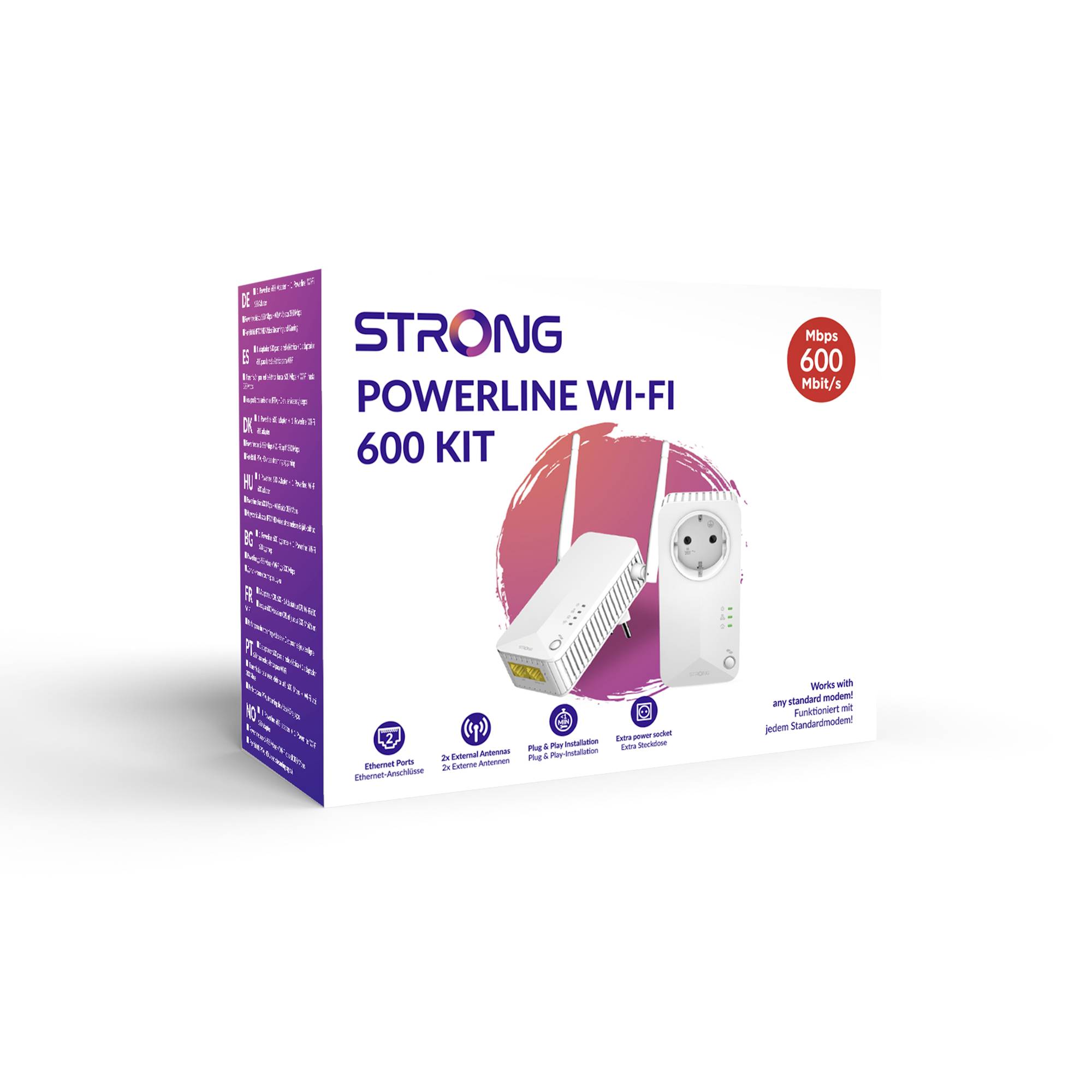Powerline Wi-Fi 600 Kit från Strong. Förpackningen visar adapter med vägguttag. Stöder upp till 600 Mbit/s, kompatibel med alla operatörer.