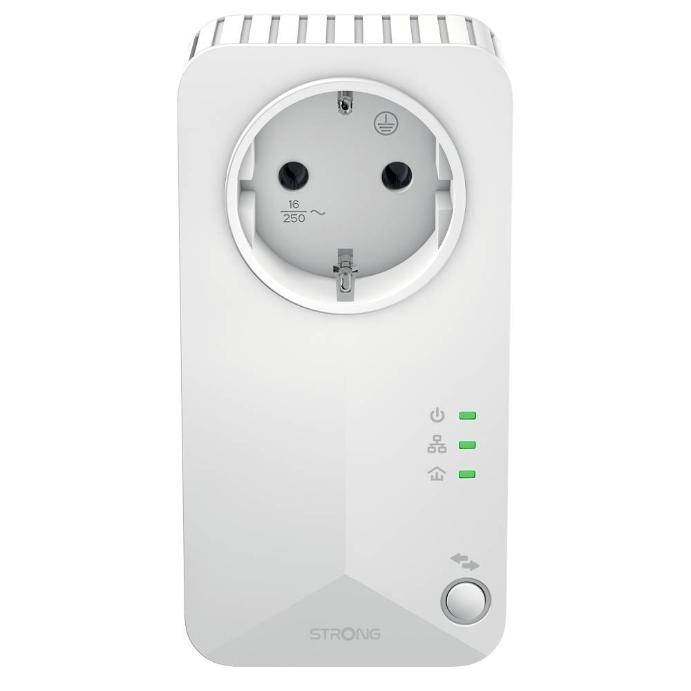 En vit WiFi-repeater med ett eluttag överst. Tre statusindikationer visar anslutningsstyrkan. Märkning 'Strong' synlig nedtill.