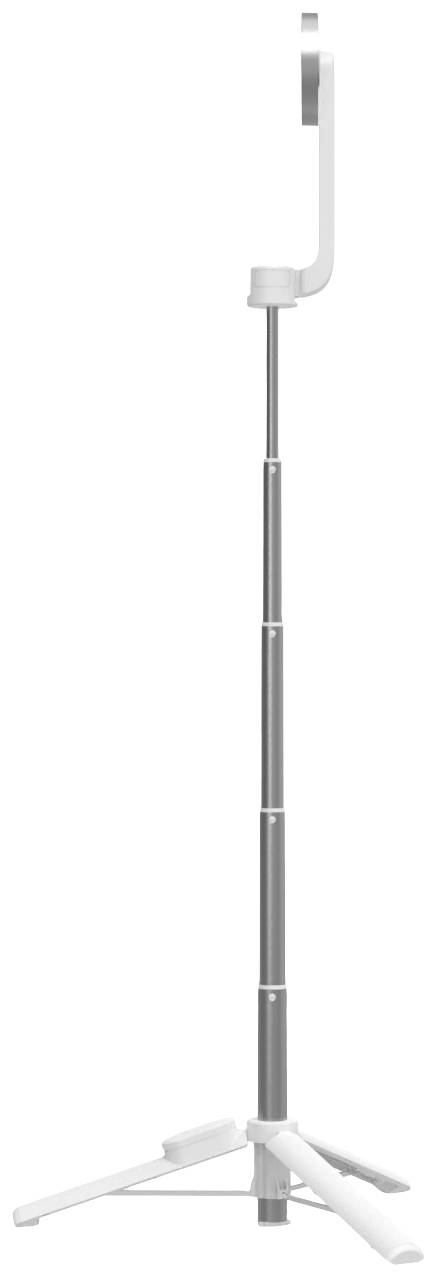 Ett vikbart stativ med en justerbar mobilhållarfunktion. Det har utdragbara segment och står på tre ben.