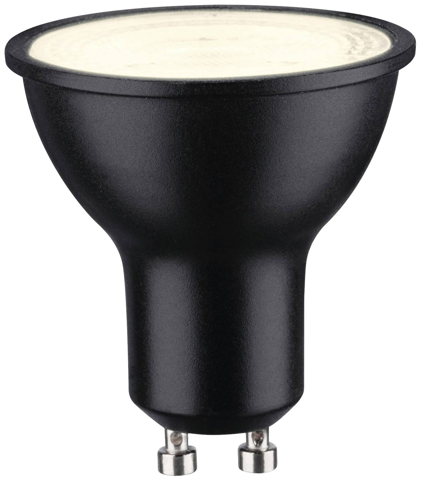 Svart LED-spotlampa med GU10-sockel, stående, framifrån sett.
