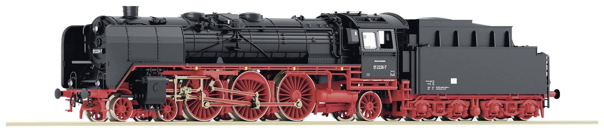 En svart ånglokomotiv med röda hjul och detaljer. Den står på sidan och visar en modell av ett historiskt lok.
