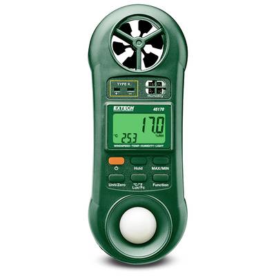 Ett grönt anemometer med roterande vingar högst upp mäter vindhastighet och omgivningstemperatur. LCD-skärmen visar data.