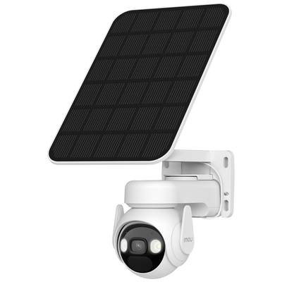 Övervakningskamera med solarpanel, fäst på en väggfäste. Kameran är vridbar och utrustad med nattseende.