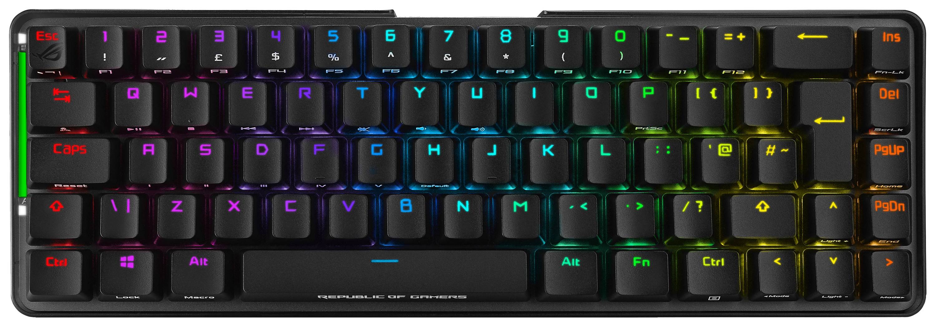 Mekaniskt tangentbord med RGB-belysning, svarta tangenter. Huvudtangenterna är belysta, layout i QWERTY-format.