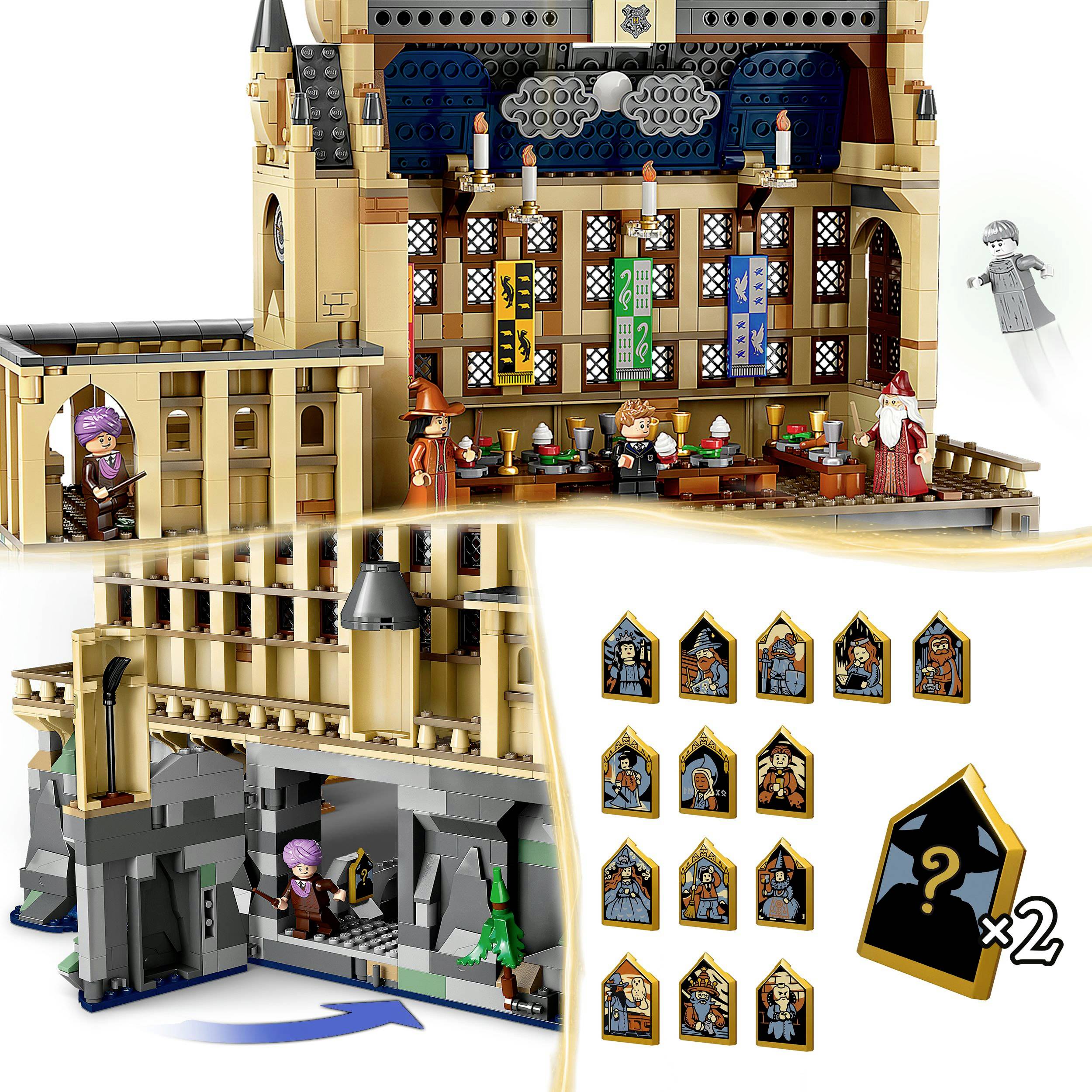 LEGO-byggsats av Hogwarts Stora Hall. Figurer och tillbehör från Harry Potter. Skildring av huvudhallen och karaktärerna.