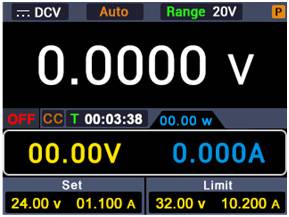 Bild av en digital multimeter i likspänningsläge (DCV) visar 0,0000 V och 0,000 A. Inställningar: Satt till 24,00 V, 1,11 A; Gräns 32,00 V, 10,20 A. Tid: 00:03:38.