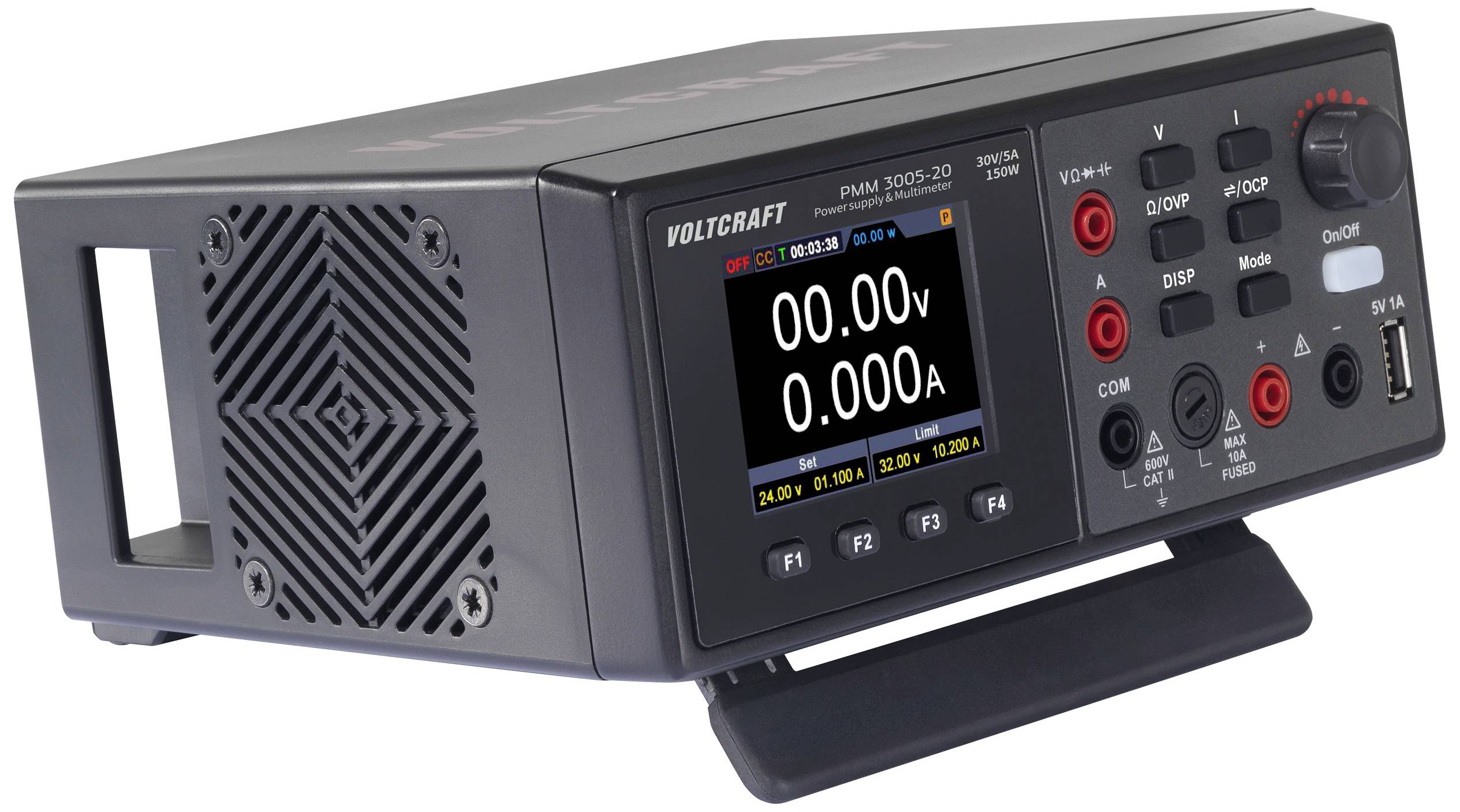En digital voltmetermätare med en display som visar '0,00V' och '0,00A'. Den har olika manöverknappar och anslutningar.