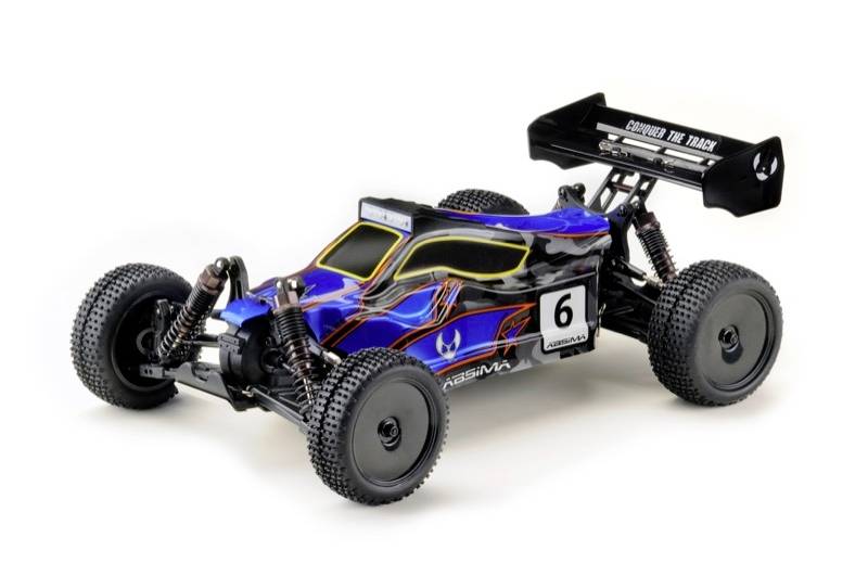 Fjärrstyrd bil i buggy-design med blå, svart och röd lackering, gulfärgade fönsterkanter och nummer 6 på sidan.