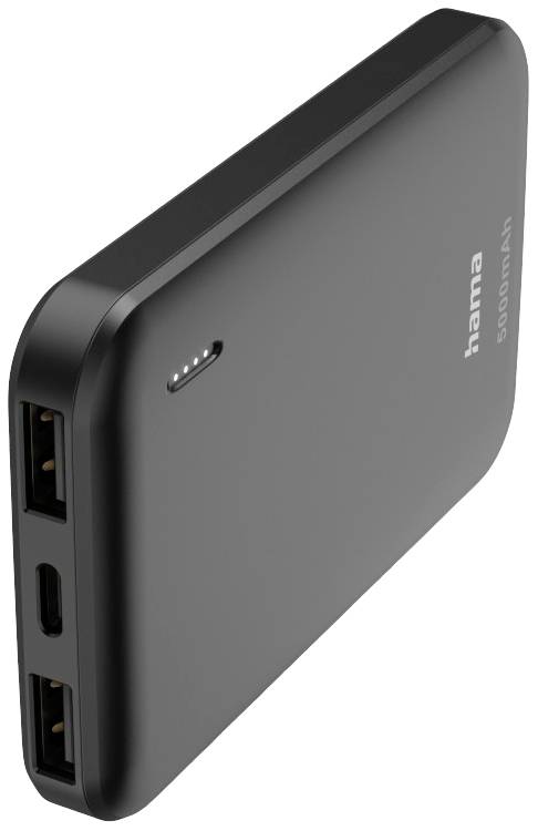 Svart powerbank med två USB-portar, en USB-C-port och en LED-indikator som visar laddningsstatus.