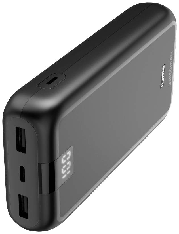 Svart powerbank med två USB-portar, en USB-C-port och LED-display. Kompakt design för mobil laddning.