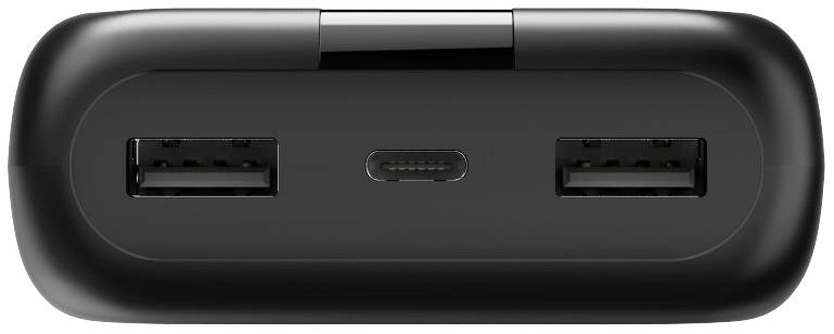 Svart laddare med två USB-A-portar och en USB-C-port i mitten, sedd framifrån.