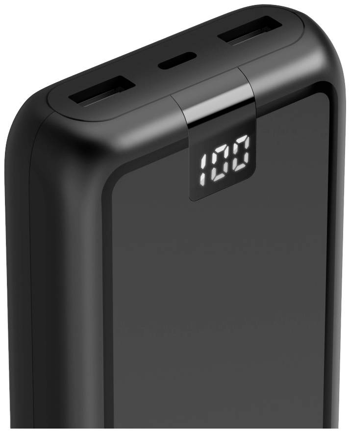 Svart powerbank med två USB-portar och digital display som visar batterinivån på 100 procent.