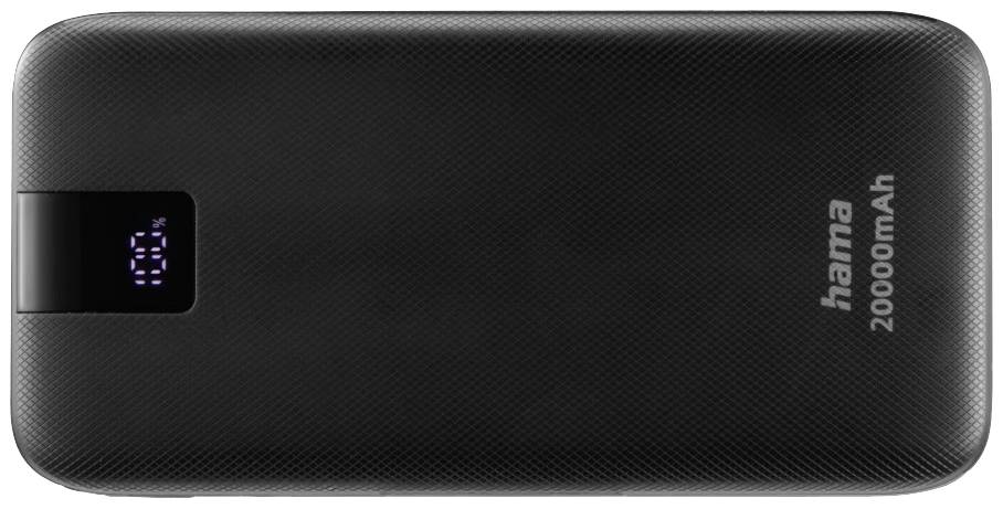 En svart powerbank med en kapacitet på 20 000 mAh. En digital skärm visar en laddning på 18 %.