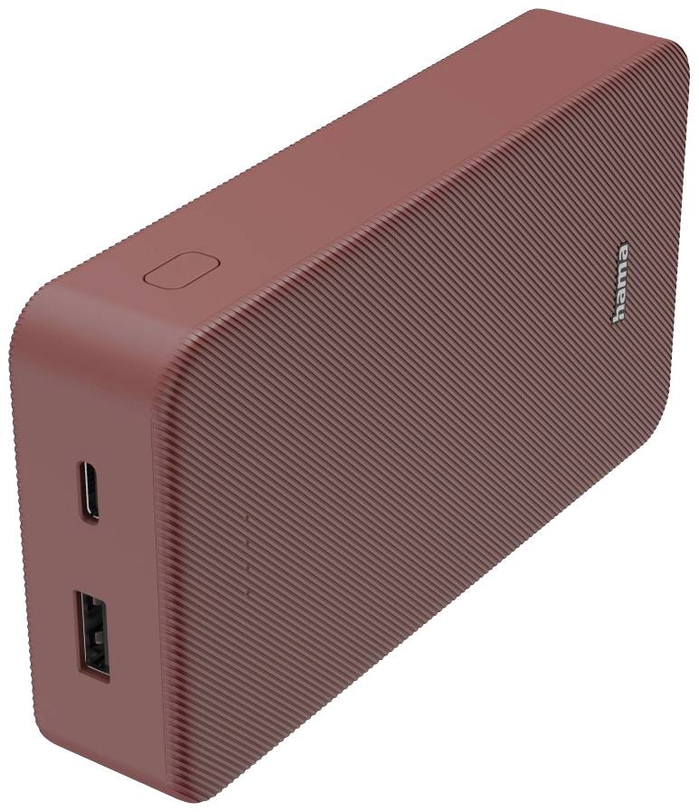 En röd bärbar powerbank med USB-A- och USB-C-portar på sidan. Lämplig för laddning av mobila enheter när man är på resande fot.