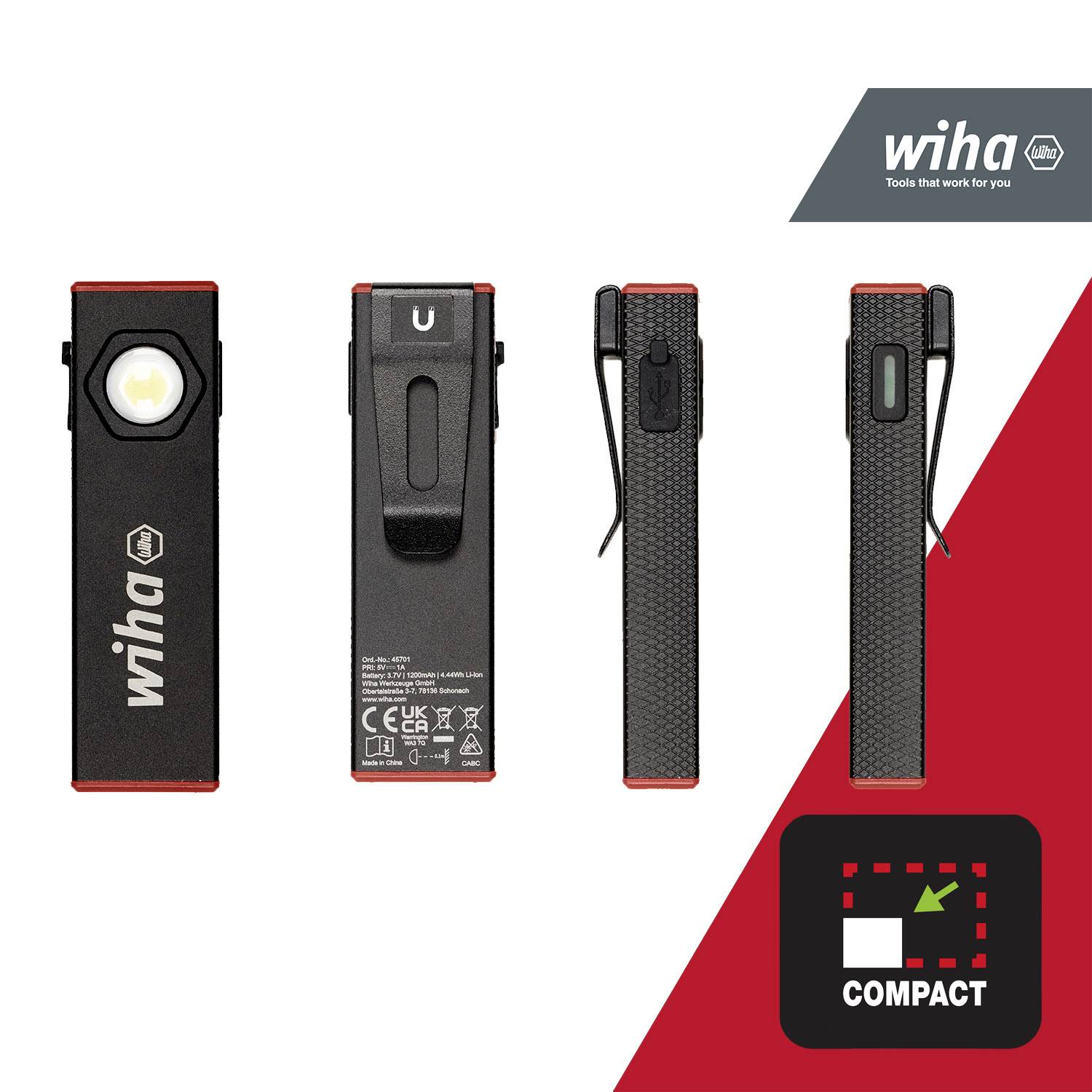 Kompakt Wiha LED-ficklampa: Fram- och bakvy med clip, ergonomisk design och 'Compact'-symbol; perfekt för hantverkare.
