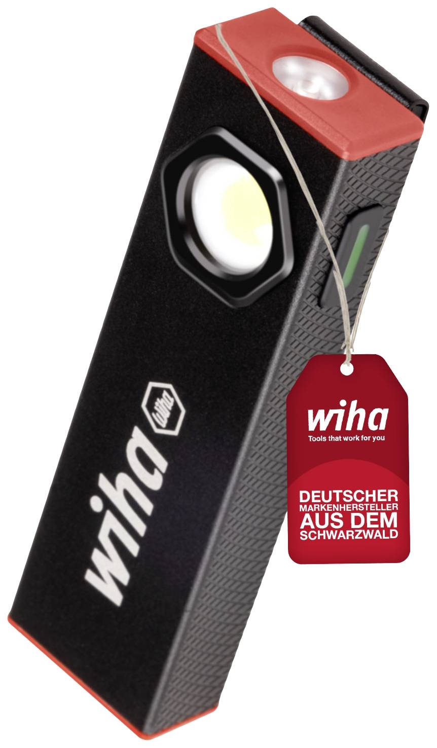 Svart-rött Wiha-ficklampa med varumärkeslogotyp, text 'Tysk varumärkestillverkare från Schwarzwald'. Kompakt och bärbar.