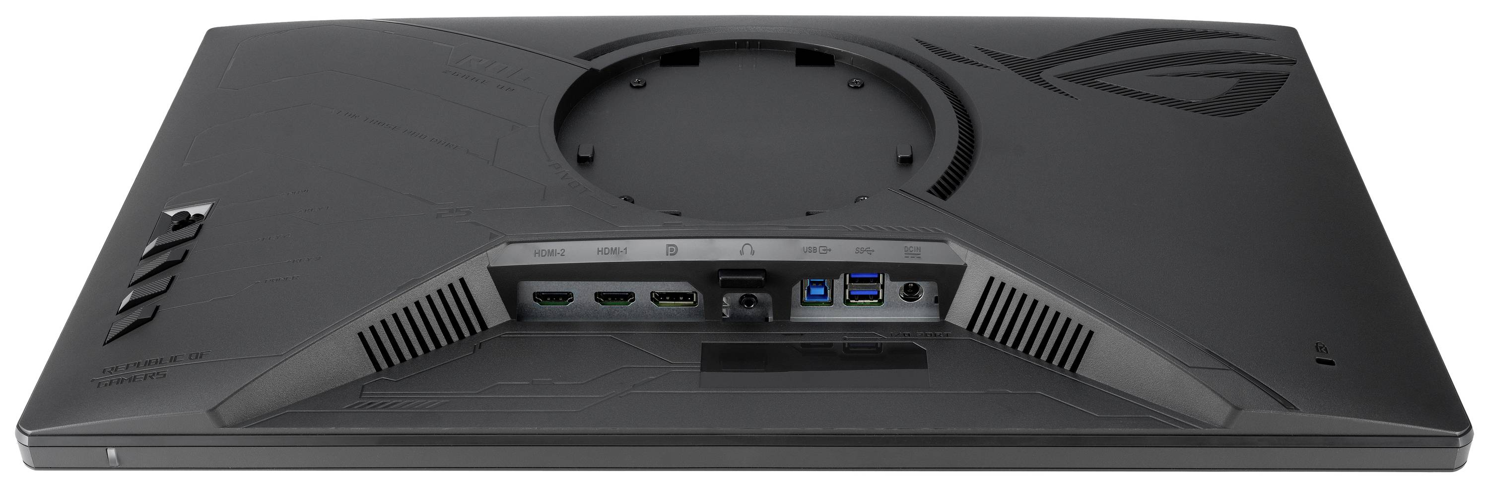 Baksidan av en datorskärm med olika anslutningar, däribland HDMI, DisplayPort och USB.