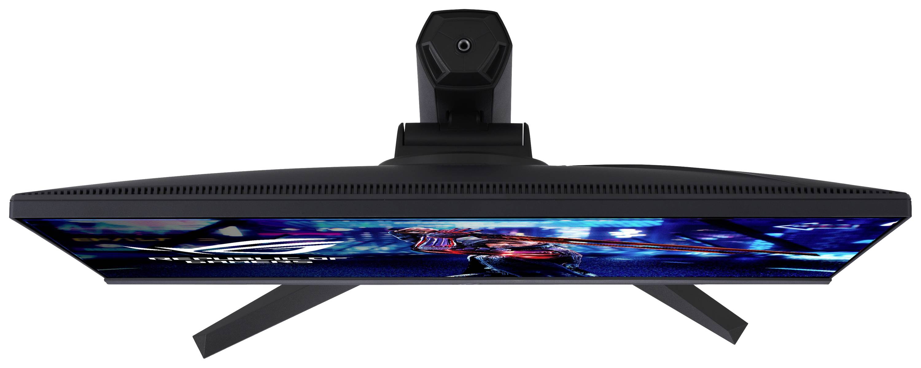 En böjd gamingskärm sedd bakifrån, som visar skärmens eleganta form och design på ett stabilt stativ.