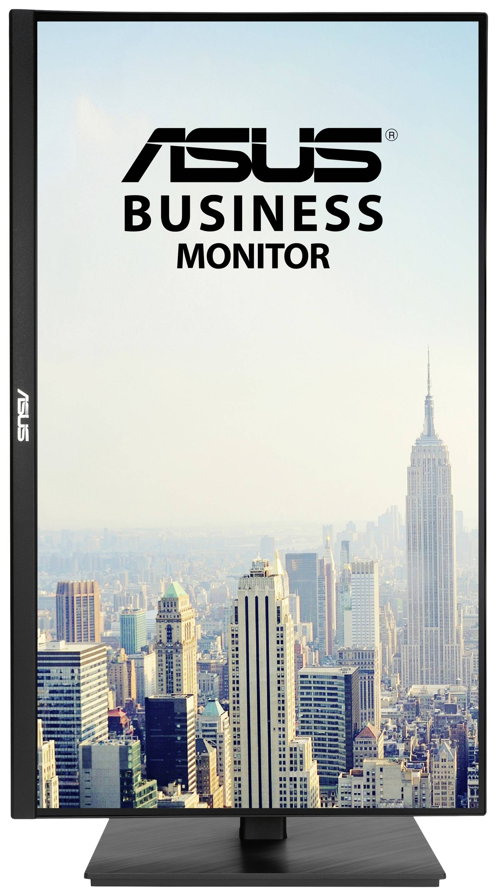 En 'ASUS Business Monitor' visar New Yorks skyline, där Empire State Building framträder särskilt tydligt på en klarblå dag.