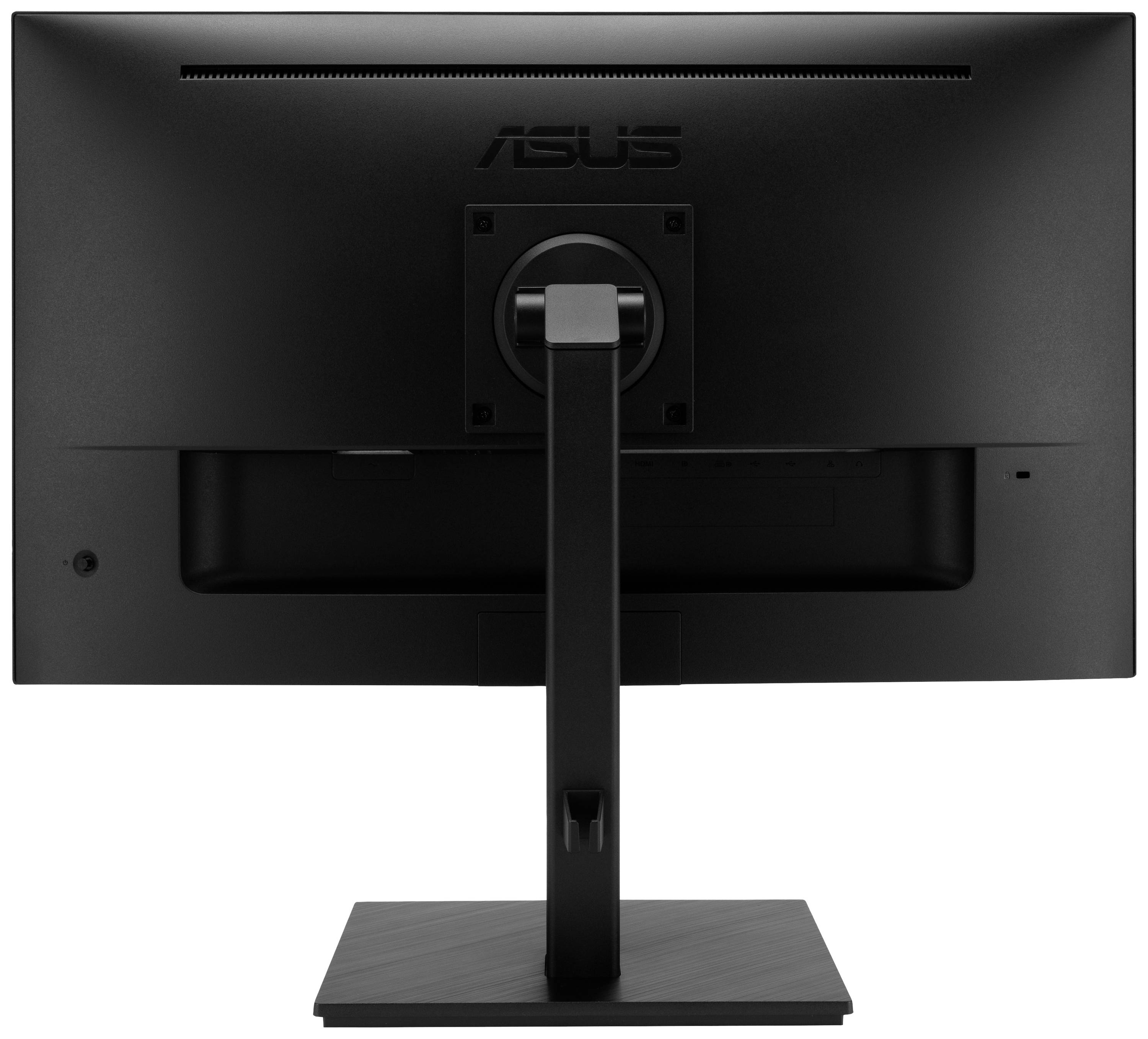 En svart datorskärm sedd bakifrån, märket ASUS, med rektangulär fot. Inga synliga anslutningar eller kablar.