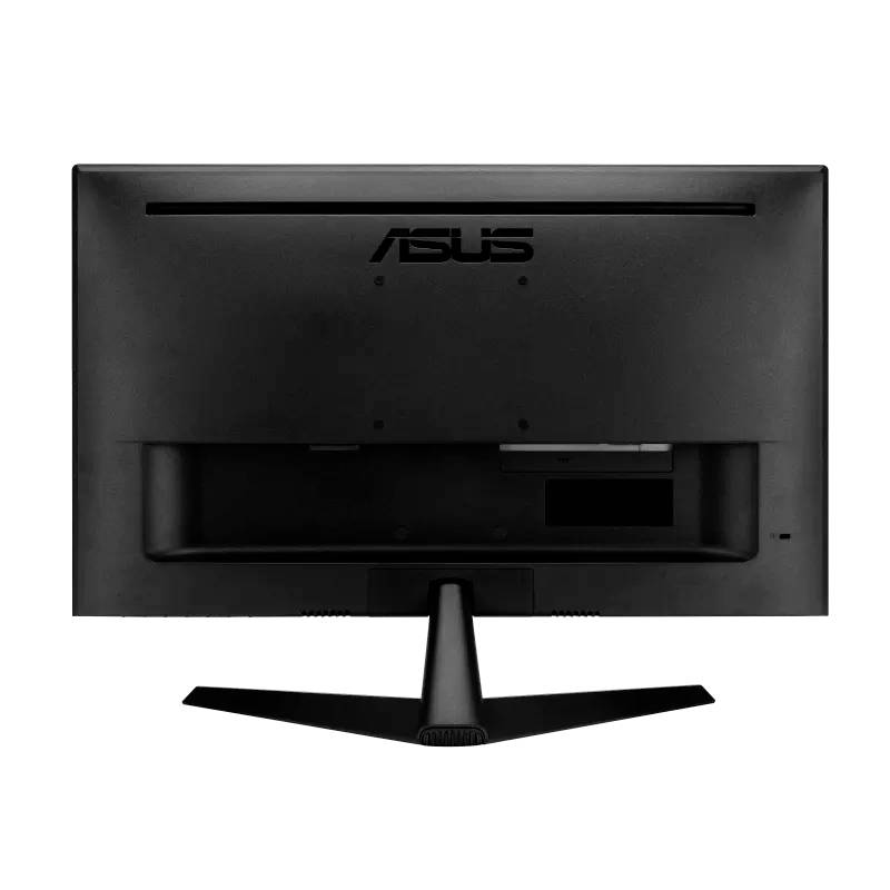 Svart monitorns baksida med central fot, övre märket 'ASUS' synligt.