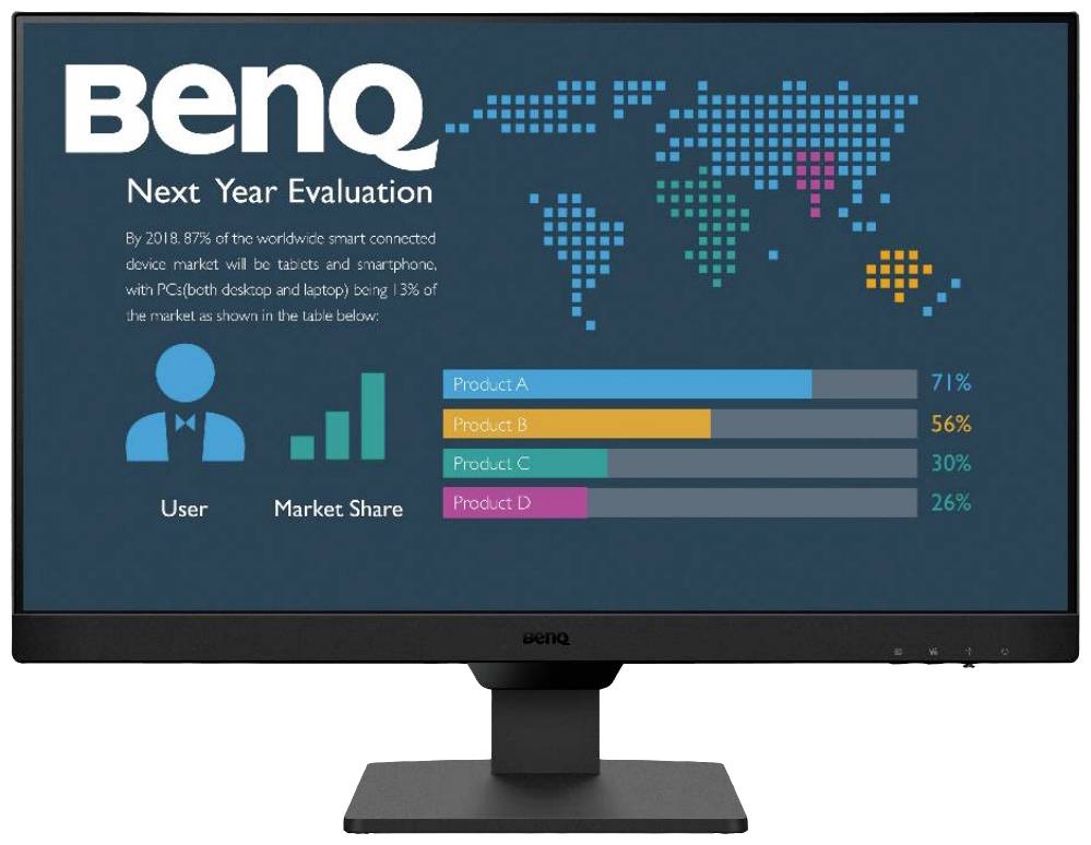 BenQ-skärm visar marknadsandelsdiagram: 'Produkt A' 71%, 'Produkt B' 56%, 'Produkt C' 30%, 'Produkt D' 26%. Världskarta i bakgrunden.