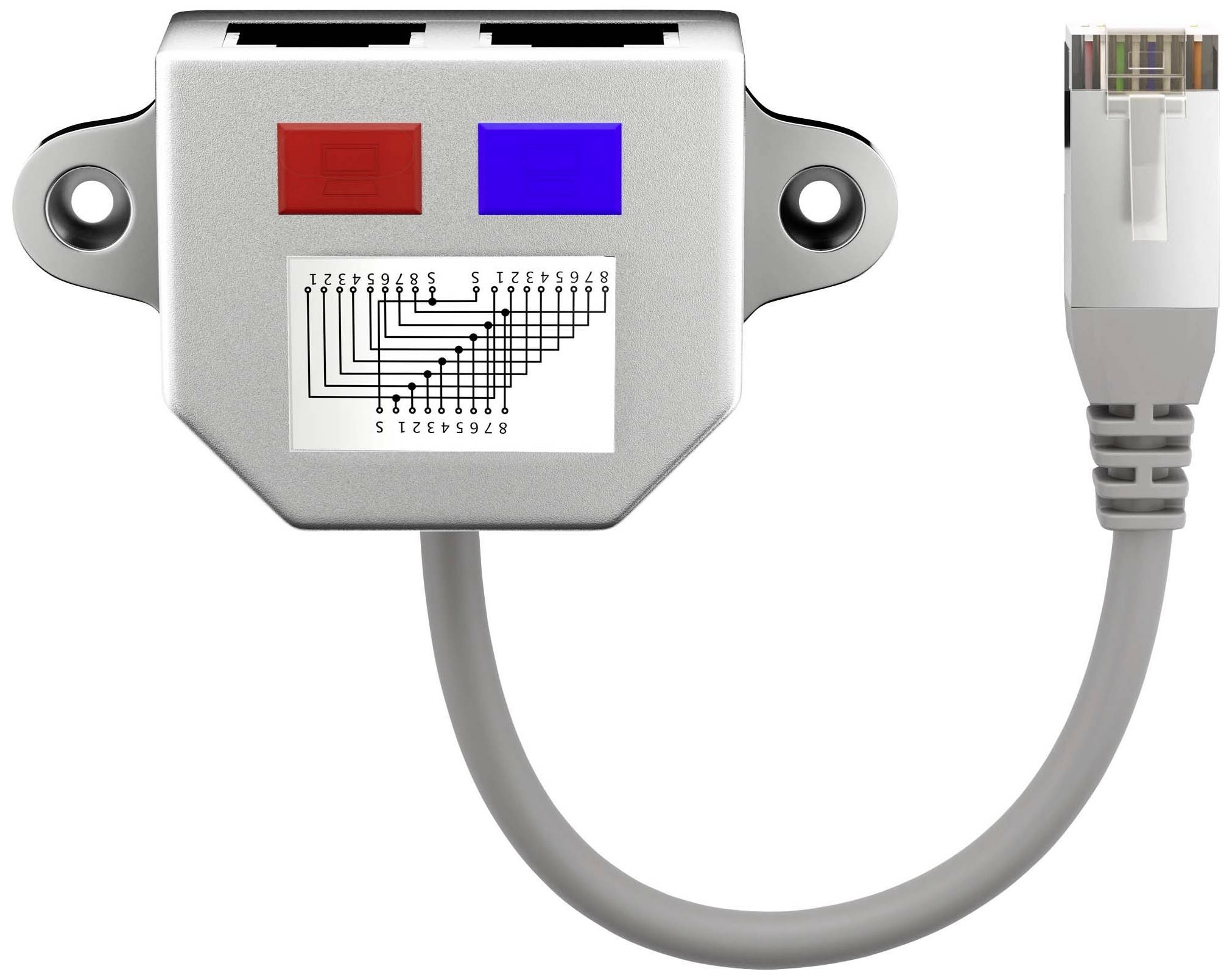 En grå adapterkabel med röd-blå switch och Ethernet-kontakt; diagram visar kopplingsscheman mellan Ethernet-pins.