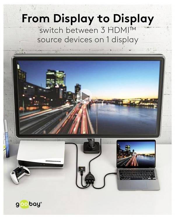 Goobay Goobay 58488 HDMI Switcher Umschalter 3 in 1 out Erweiterung Kabel 4K Manuell 3 Port HDMI-Switch guldpläterade kontakt 3840 x 2160 pixel