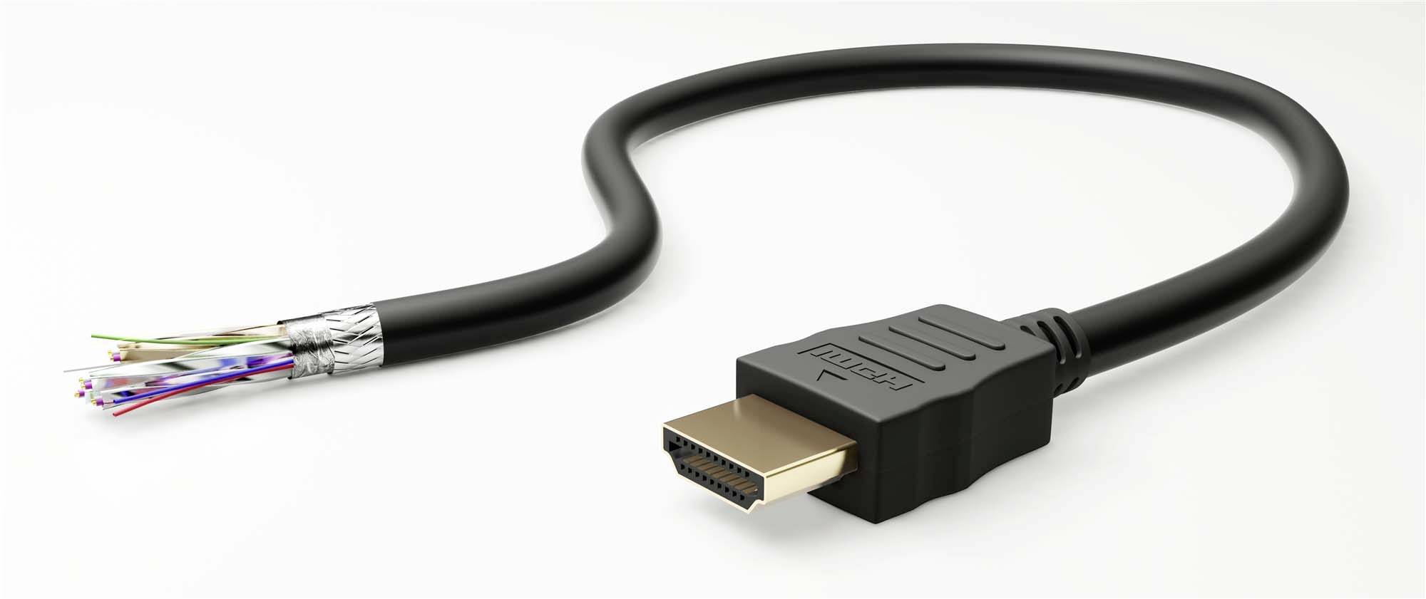 Ett svart HDMI-kabel med ett öppet ände som visar de färgade trådarna inuti, liggande på en vit bakgrund.