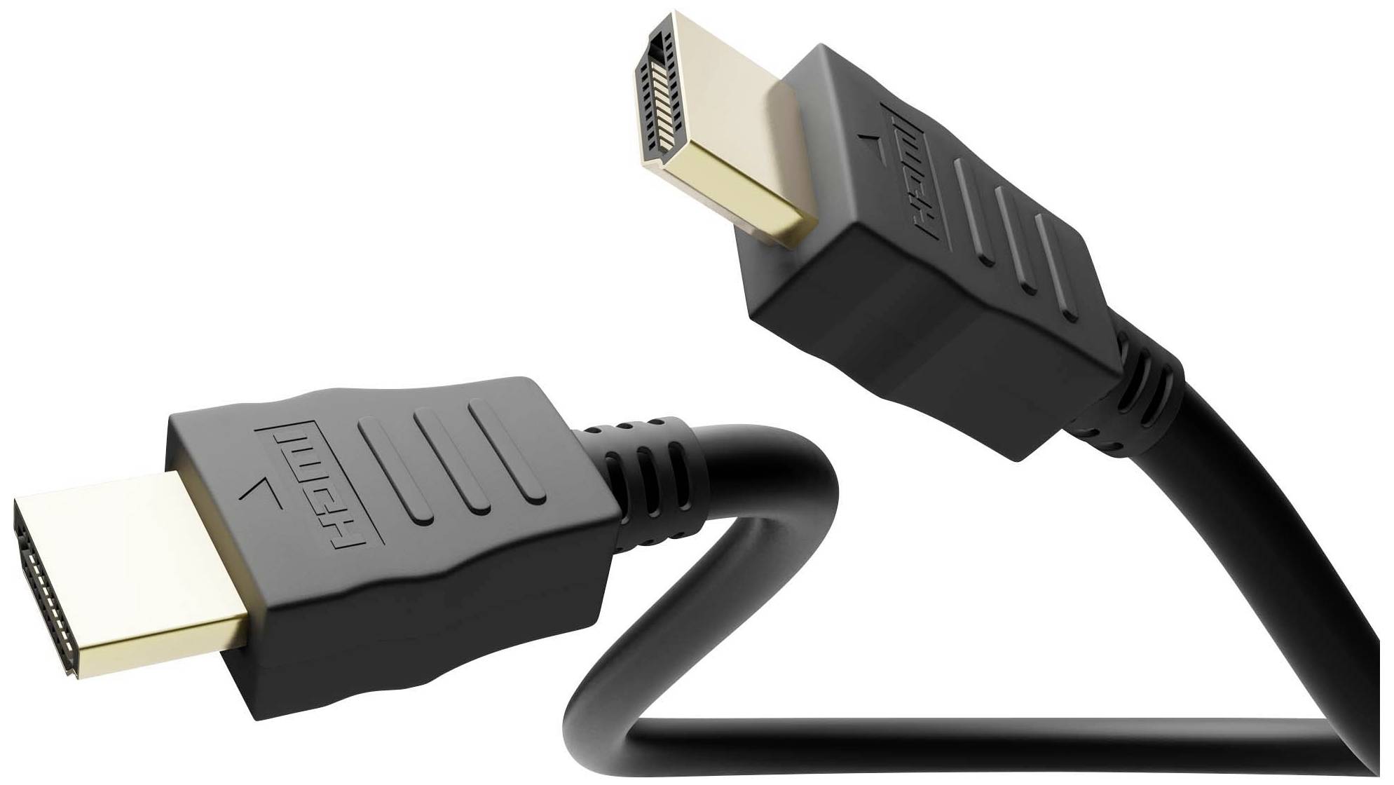 Ett svart HDMI-kabel med guldpläterade kontakter, presenterat i en slinga, framhäver kontakten och dess kvalitet.