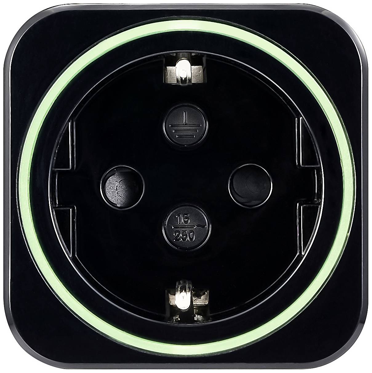 Bilden visar ett svart eluttag med en grön lysande ring runt kanten, lämplig för anslutning av elektriska apparater.
