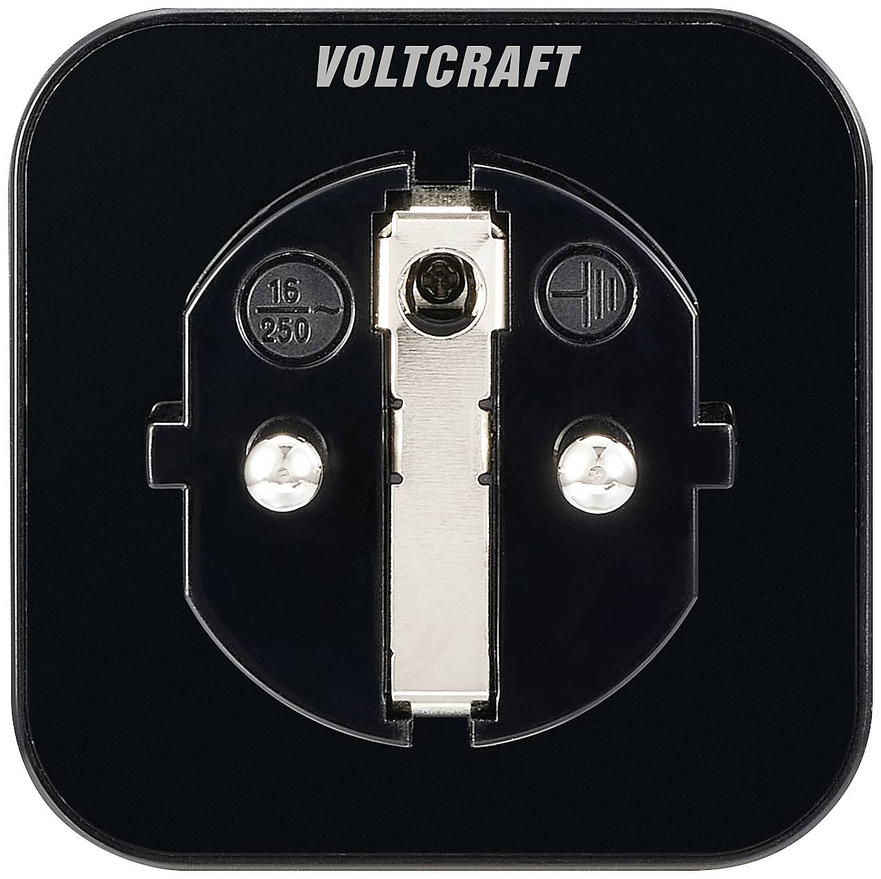 Svart reseadapter med Schuko-uttag, lämplig för europeiska kontaktsystem. Märke: Voltcraft.