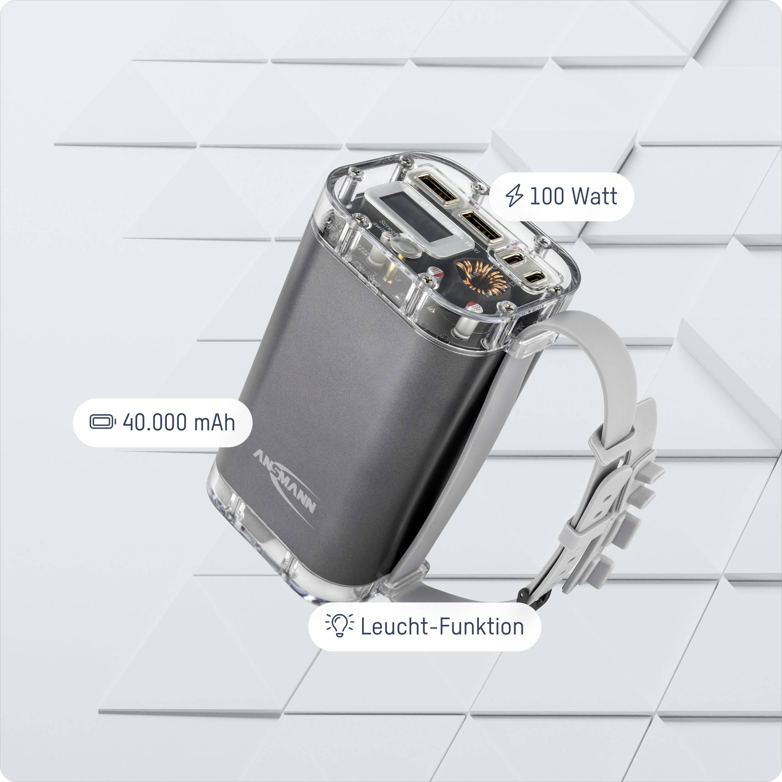 En powerbank på 40 000 mAh kapacitet, med 100 watts laddeffekt och inbyggd belysningsfunktion. Två USB-portar synliga.